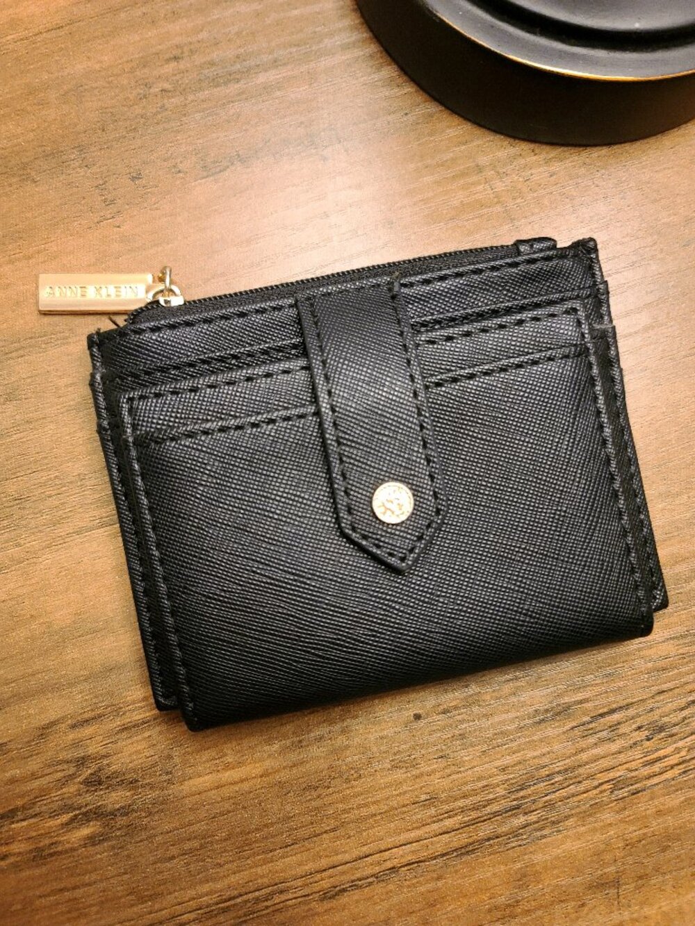 Anne Klein Black Saffiano Bifold Wallet – Gold Hardware